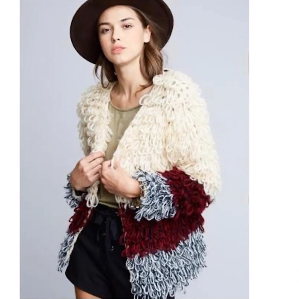 Venus Cream Burgundy Gray Shaggy Loop Knit Cardigan Sweater Size Large